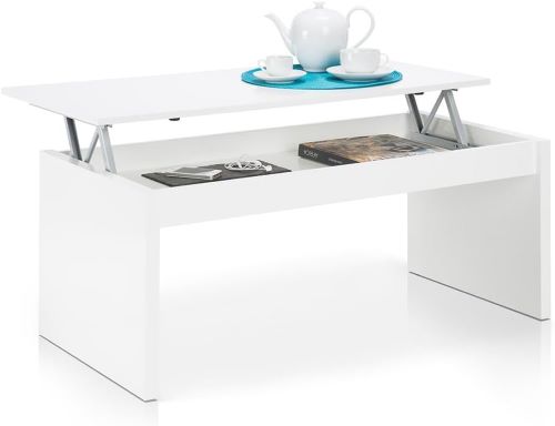 Mesa de Centro Elevable, Modelo Zenit, Mesita Salon Comedor, Acabado en Blanco Brillo