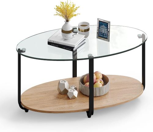 LIFEZEAL Mesa de Centro Ovalada de Cristal Templado