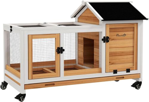 PawHut Conejera de Madera con Ruedas Jaula para Conejos con Techo Puede Abrir