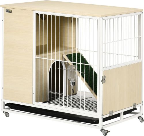 PawHut Conejera de Madera con Ruedas Mueble Conejera de Interior 78x52,5x76,5 cm